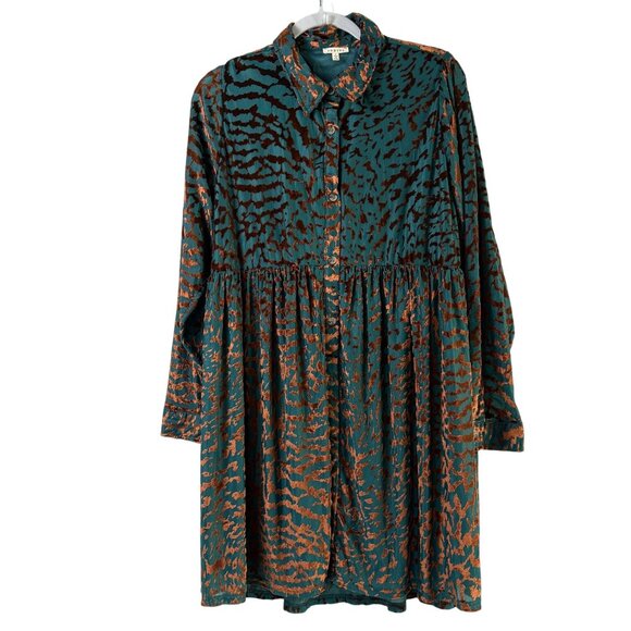 JODIFL Dresses & Skirts - Jodifl Crushed Velvet Animal Print Shirt Dress Womens L Teal Bronze Long Sleeve